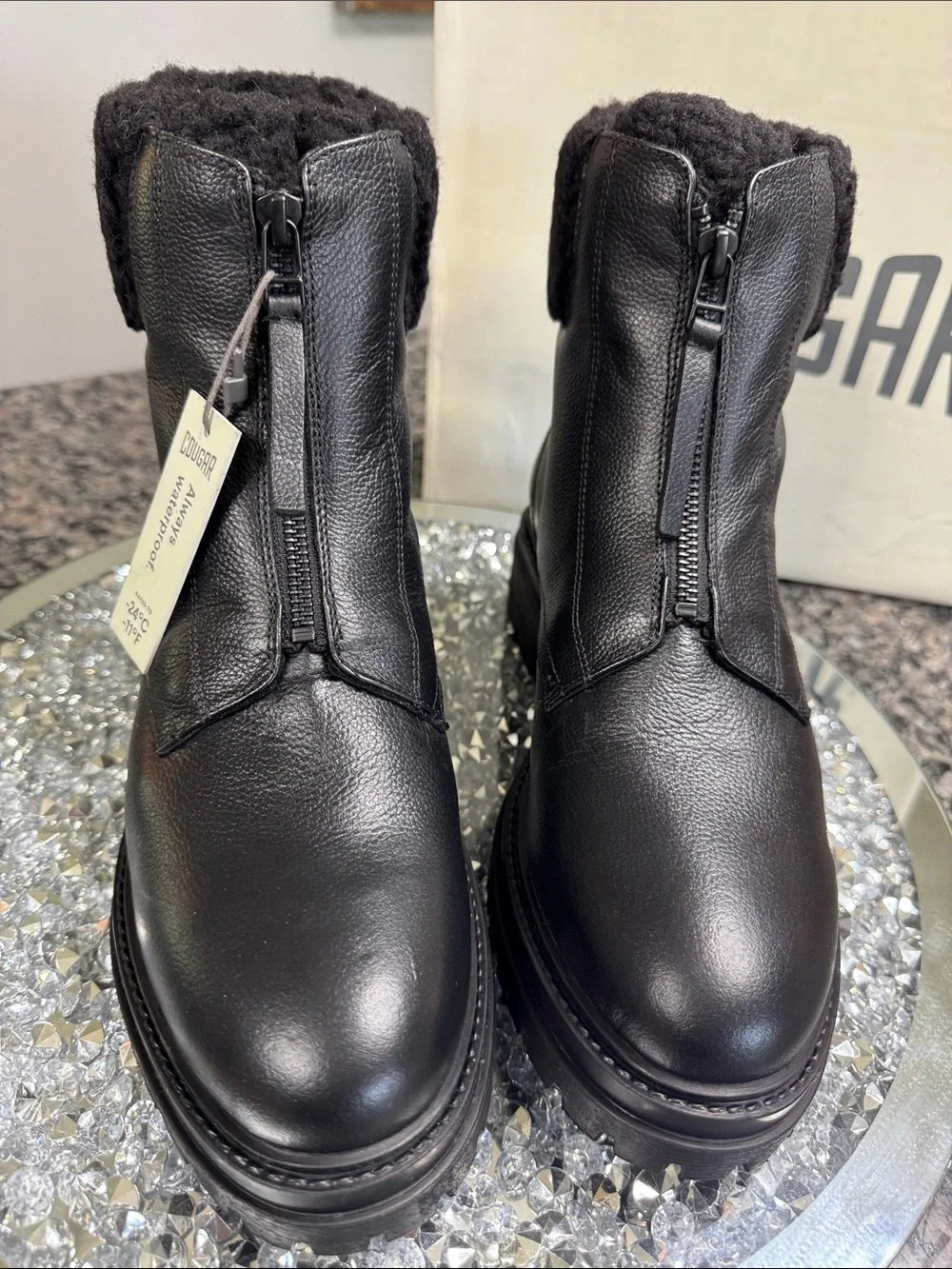 Cougar Vow Black Waterproof Leather Winter Ankle Boots with Shearling Cuff NEW